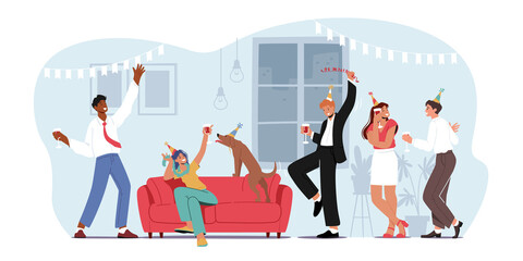 Wall Mural - Home Party with Friends, People Meeting, Celebrate Birthday or Corporate in Room. Young Women and Men in Funny Hats