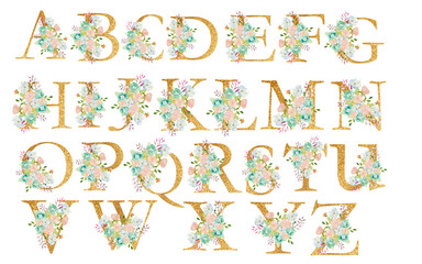 Watercolor floral bouquet and alphabet with flowers composition. Gold alphabet letters on white background.