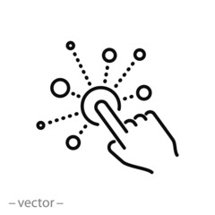 interaction icon, simple, interactive screen with button click finger, digital technology concept, user touch here, hand pointer, development choice variety, thin line vector illustration eps10