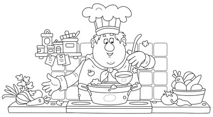 Funny chef cooking an original tasty soup with fresh vegetables and spices in his cozy kitchen, black and white outline vector cartoon illustration for a coloring book page