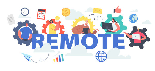 Wall Mural - Remote Team Working Concept. Workers Webcam Conference. Business Characters, Office Employees Speak on Video Call