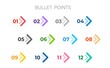 Colourful arrows set isolated. Direction number bullet points from one to twelve.