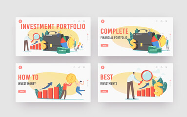 Poster - investor portfolio landing page template set. tiny characters at huge briefcase with glass, money pi
