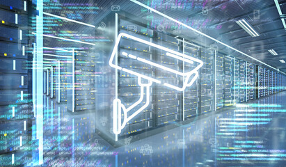 Poster - CCTV security camera icon in a Server room data center - 3d rendering