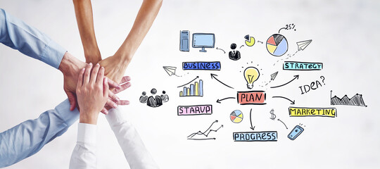 Aufkleber - Teamwork hands with creative business sketch on white background. Training, workshop, teamwork and success concept.