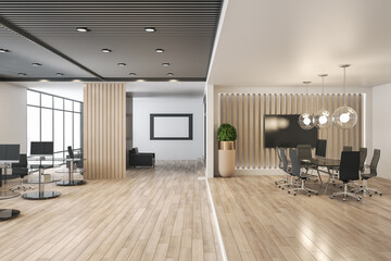 Wall Mural - Spacious eco style office with wooden slatted partition walls and floor, dark picture frame and modern work places and conference room with black glass table. 3D rendering.