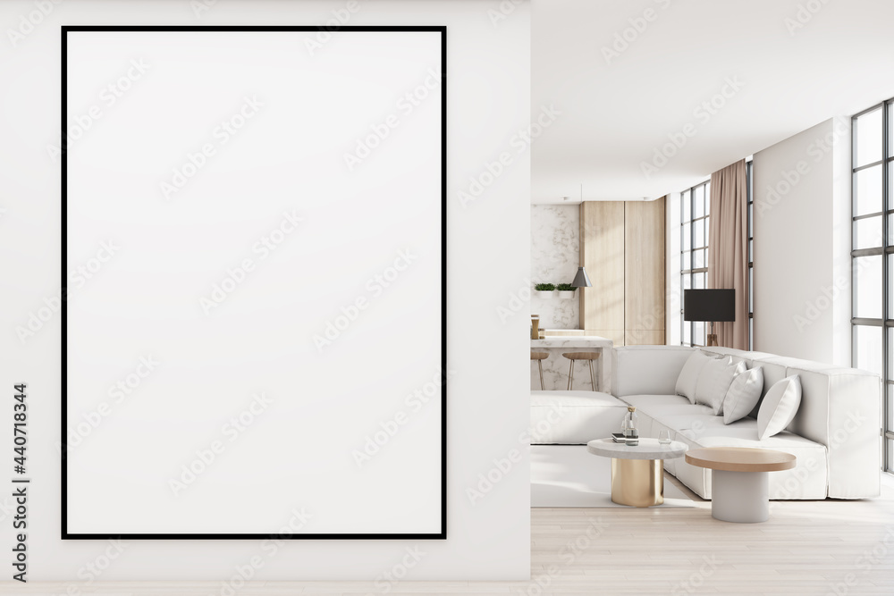 Modern living room interior with comfortable couch, city view with daylight and blank poster on concrete wall. Mock up, 3D Rendering. - obrazy, fototapety, plakaty 