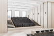Modern wooden auditorium interior with seatings, city view and daylight. 3D Rendering.