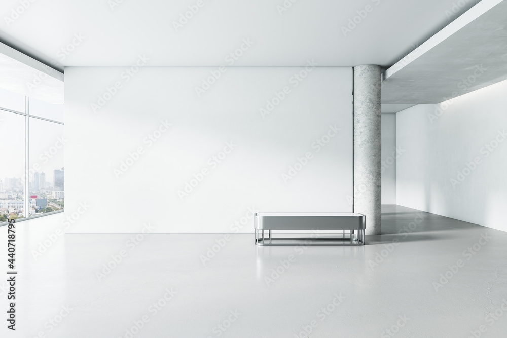 Light white concrete gallery interior with panoramic window city view, empty mockup place for your advertisement and seat. Mock up, 3D Rendering. - obrazy, fototapety, plakaty 