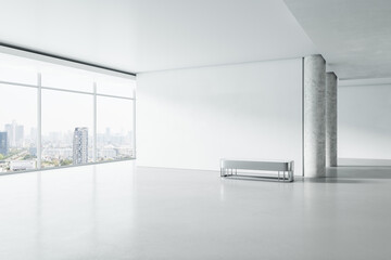 Poster - Modern white concrete gallery interior with panoramic window city view, empty mockup place for your advertisement and seat. Mock up, 3D Rendering.
