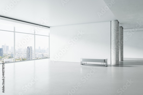 Modern white concrete gallery interior with panoramic window city view, empty mockup place for your advertisement and seat. Mock up, 3D Rendering.