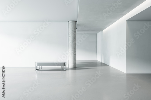 Bright white concrete gallery interior with panoramic window city view, empty mockup place for your advertisement and seat. Mock up, 3D Rendering.