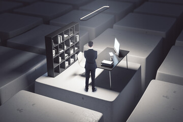Aufkleber - Businessman with creative desktop with computer workplace standing on keyboard keys. Digital transformation and remote work concept.