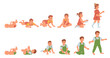 Growing baby boy and girl, development of male and female infant. From newborn to toddler, cycle and evolution of kid. Children growth and childhood. Crawling and standing kiddo, flat cartoon vector