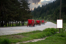 The Horse-drawn Carriages Used To Take Tourists Around The Abant Lake National Park Are Lined Up One After The Other.