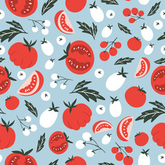 Seamless pattern of bright colorful tomatoes on a blue background in a modern style. Vector illustration