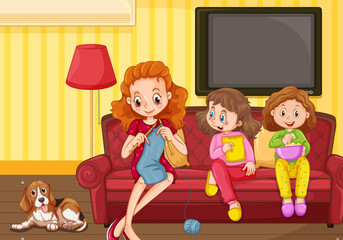 Wall Mural - Happy family in the living room scene