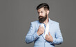 © Yevhen - Elegant handsome man in suit. Handsome bearded businessman in classic suits. Man in suit. Male beard and mustache. Elegant man in business suit. Sexy male, brutal macho, hipster. Male in tuxedo