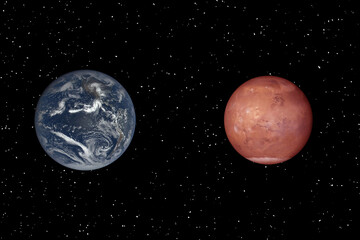 Wall Mural - mars and earth. distance between them. space for text. the elements of this image furnished by nasa.