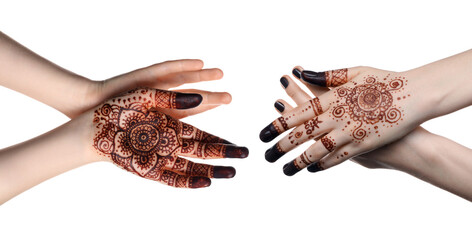 Wall Mural - Closeup view of women with henna tattoo on hands against white background, collage. Traditional mehndi ornament