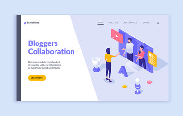 Poster - Online webinars and collaboration with bloggers. Woman asks questions web communication to business professionals. Digital learning with media broadcasts. Vector landing page isometric template