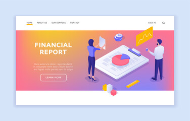 Preparation for delivery financial report. Accountants analyze profits with marketing data. Market commercial infographics for business audit. Tax charts. Vector landing page isometric template