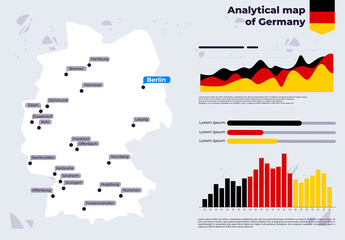  Vector illustration analytical map of Germany with cities, infographic template for Germany, graphs and statistics
