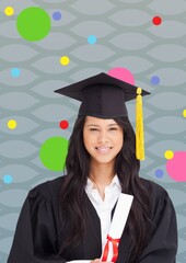 Caucasian girl wearing graduation hat and ceremony robe against abstract seamless pattern background