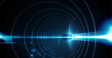 Poster - Binary coding data processing over digital tunnel against spot of light on black background