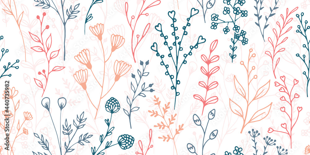 Field flower sprigs natural vector seamless pattern. Creative floral textile print. Meadow plants leaves and stems wallpaper. Field flower branches girly fashion repeating swatch - obrazy, fototapety, plakaty 
