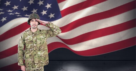 Poster - Composition of male soldier saluting over american flag