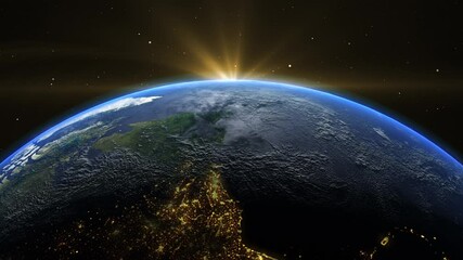 Wall Mural - sunrise and shadow on the earth rotate in space with star in universe. world realistic atmosphere 3d