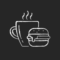 Poster - Lunch chalk white icon on dark background. Burger and drink in cup. Coffee mug with sandwich. Dining at cafe. Fast food order. Everyday routine. Isolated vector chalkboard illustration on black