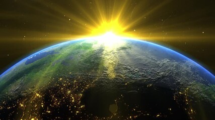 Wall Mural - sunrise and shadow on the earth rotate in space with star in universe. world realistic atmosphere 3d
