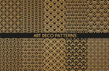 Art deco golden ornaments seamless patterns. Abstract geometric vector decor with diamond shape tiles, fabric print templates with luxury beige rhombus grid and gradients on black background