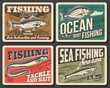 Sea fishing boat, fish and fisherman tackle vector design. Bass, anchovy, eel and dorado fish, fishing rod, hook, lure and bait, spinning reel and float retro posters, outdoor hobby and fishery themes