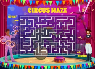 Aufkleber - Labyrinth maze game on shapito circus vector background. Kids education square maze puzzle, logic riddle or test with find right way from start to finish task, circus acrobats and elephant on stage