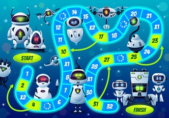 Poster - Kids boardgame with robots and droids, vector step board game with cute ai cyborgs, block path, numbers, start and finish. Cartoon educational child riddle worksheet with android futuristic characters