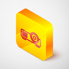 Sticker - Isometric line Presentation, movie, film, media projector icon isolated on grey background. Yellow square button. Vector