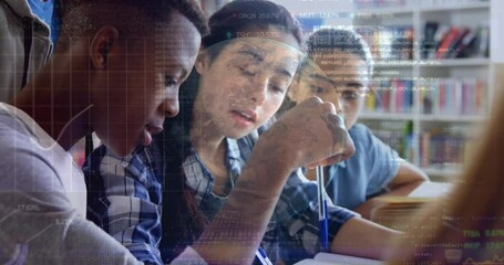 Poster - Stock market data processing against group of students studying together at library