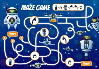Poster - Fix the robot vector kids maze game or start to finish labyrinth. Children education puzzle, riddle or test, help cartoon robot, android bot, droid drone and quadcopter find right way to spare parts