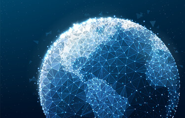 Fototapete - World globe with low polys and glowing dots, global digital network realistic vector background. Planet Earth with triangular geometric, low poly mesh pattern, communication, internet data wallpaper