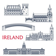 Wall Mural - Ireland landmarks and architecture, Dublin buildings and travel sightseeing, vector icons. Irish Ha penny or Liffey Bridge, Custom House, Christ Church or Holy Trinity and Saint Patrick Cathedral