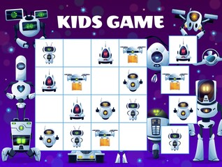Poster - Sudoku kids game block puzzle with vector robots and droid drones background frame. Education mind game, logic riddle, puzzle or test worksheet template with cartoon robots, android bots and drones