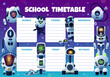 Robots, drones and androids school timetable vector template. Educational cartoon schedule, kids time table for lessons. Weekly planner frame design with artificial intelligence cyborgs, cute ai bots