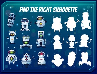 Poster - Kids game find the right robot silhouette, shadow match vector riddle with cartoon cyborgs. Children logic test with androids and artificial intelligence bots. Education worksheet for mind development