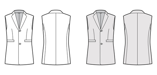 Wall Mural - Sleeveless jacket lapelled vest waistcoat technical fashion illustration with notched collar, single breasted, pockets. Flat template front, back, white, grey color style. Women, unisex top CAD mockup