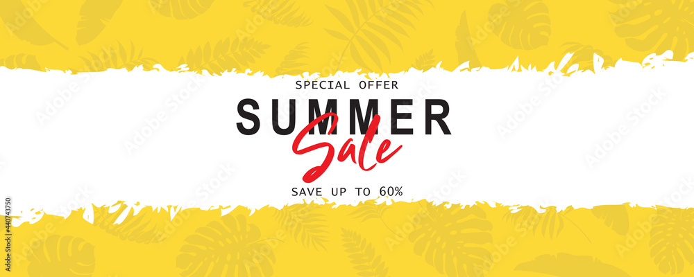 Elegant summer sale banner with tropical leaf theme - obrazy, fototapety, plakaty 