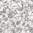 Wonderland seamless pattern. Black cartoon doodles hand drawn detailed, with lots of objects background. Flowers, white rabbit, cards, mushroom. Texture for fabric, wallpaper, decorative print