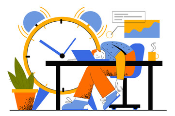 Aufkleber - Deadline at work web concept. Employee sleeping at workplace, violating deadline. Man dreaming in office. Time management and work stress. Vector illustration for web page template in flat line design